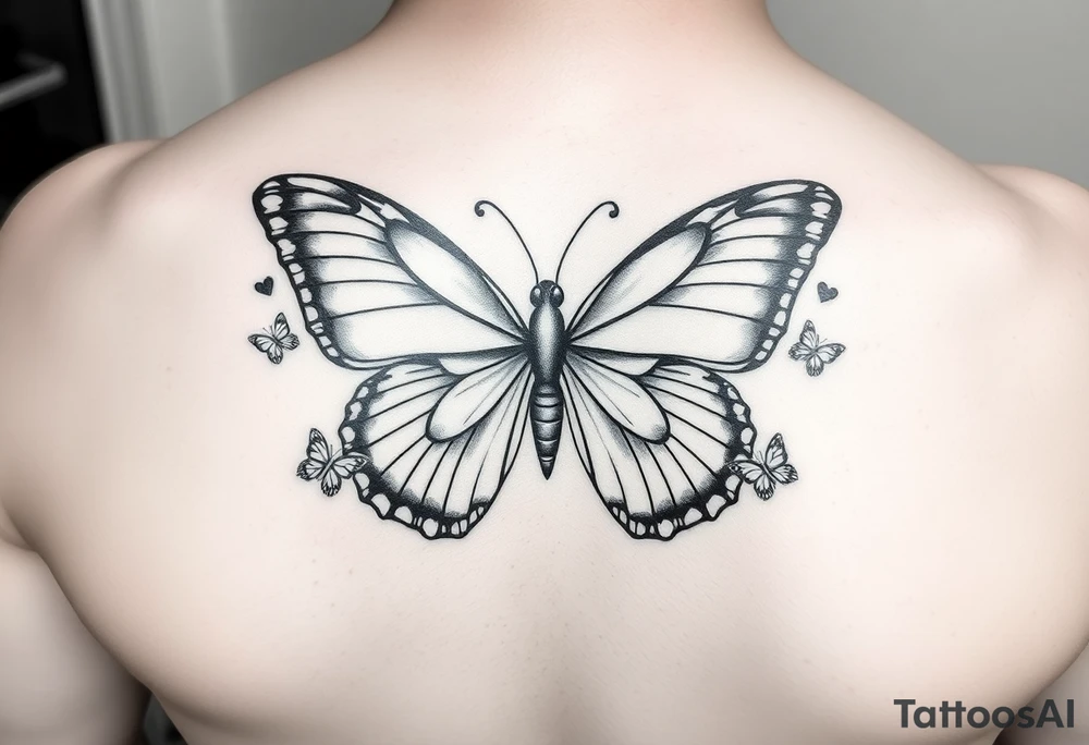 Beautiful Butterfly with heart desinhs on one side and the other side capricorn zodiac  number  with little butterfly's surrounding the bigger butterfly and on both side of the butterfly the names JOSIAH  7-6-21 & on the opposite side the name ADIAN 3-10-23 tattoo idea