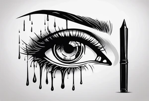 A realistic human eye crying tears of blood with a reflection of two black shadows or people holding guns at two wounded people on the floor tattoo idea