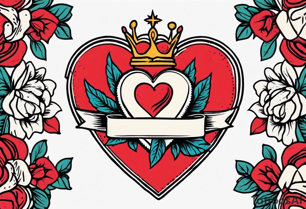 sacred heart vintage traditional tattoo simple sketch old school bold colors with banner christian
symbol
flowers crown on top of heart tattoo idea