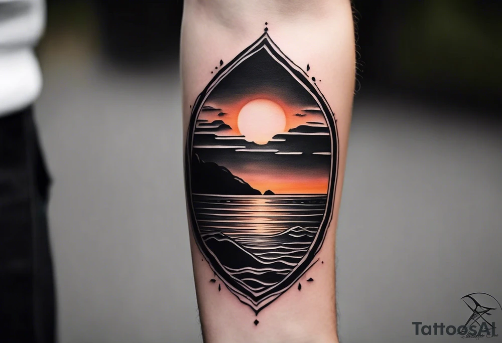 This is an extremely simple and minimalistic tattoo on forearm from the perspective of being on the ocean at sunset. Water is calm, with no waves, the sun is setting behind the ocean, reflecting light onto the ocean. tattoo idea