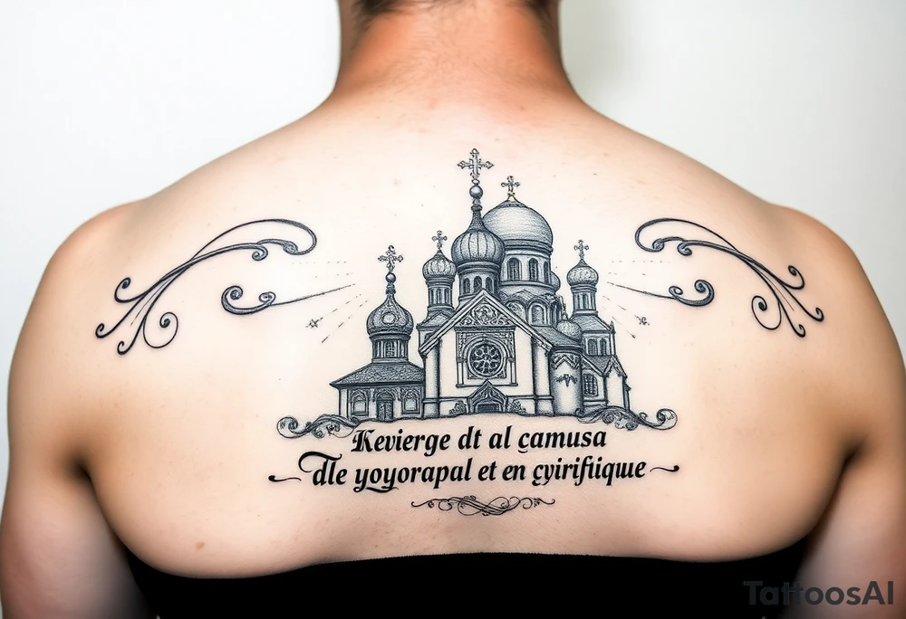 Vierge de kazan sur église russe orthodoxe et inscription en cyrillique tattoo idea