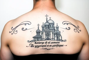 Vierge de kazan sur église russe orthodoxe et inscription en cyrillique tattoo idea
