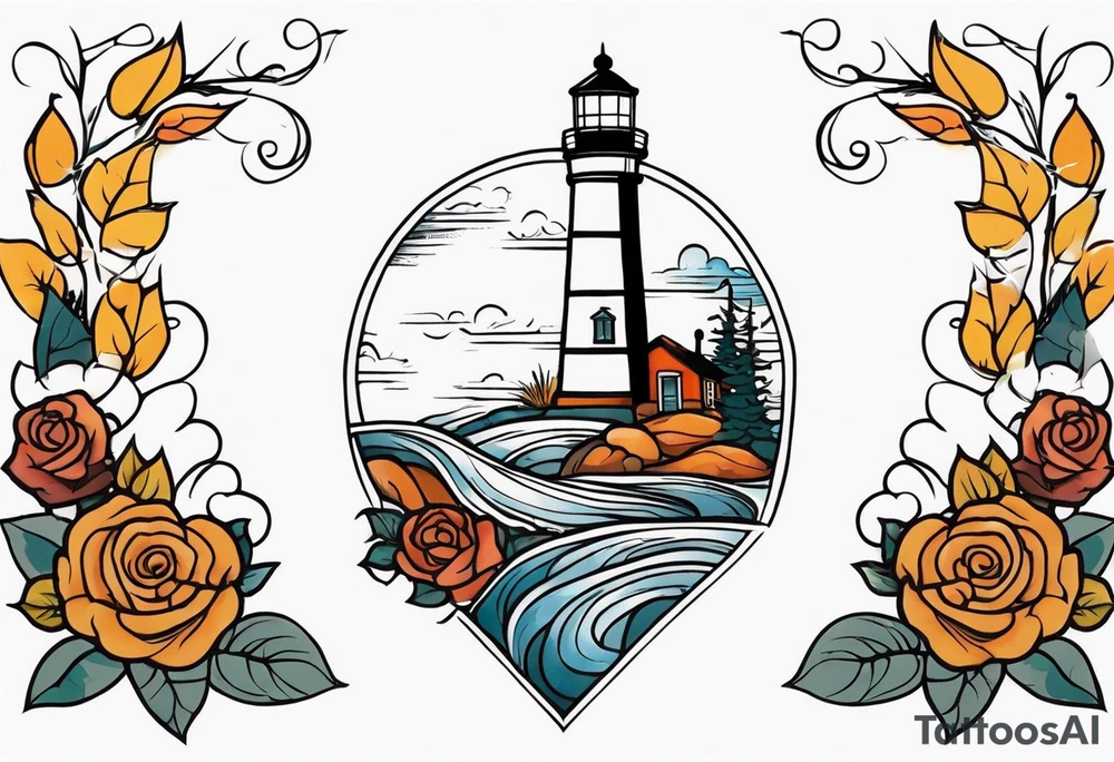 thigh tattoo in fall colors, showing lighthouse, water flow around rocks, sky, clouds, leaves, roses and no trees tattoo idea