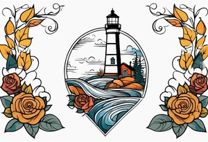 thigh tattoo in fall colors, showing lighthouse, water flow around rocks, sky, clouds, leaves, roses and no trees tattoo idea