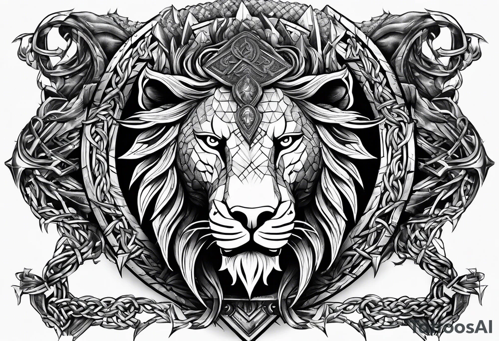 Valhalla sword shield dragon axe Valknut barbed wire chains lion tattoo idea