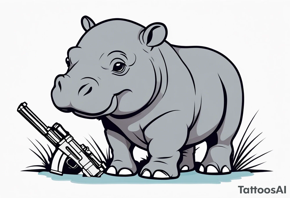 Baby hippo wearing a diaper and holding a sniper rifle tattoo idea