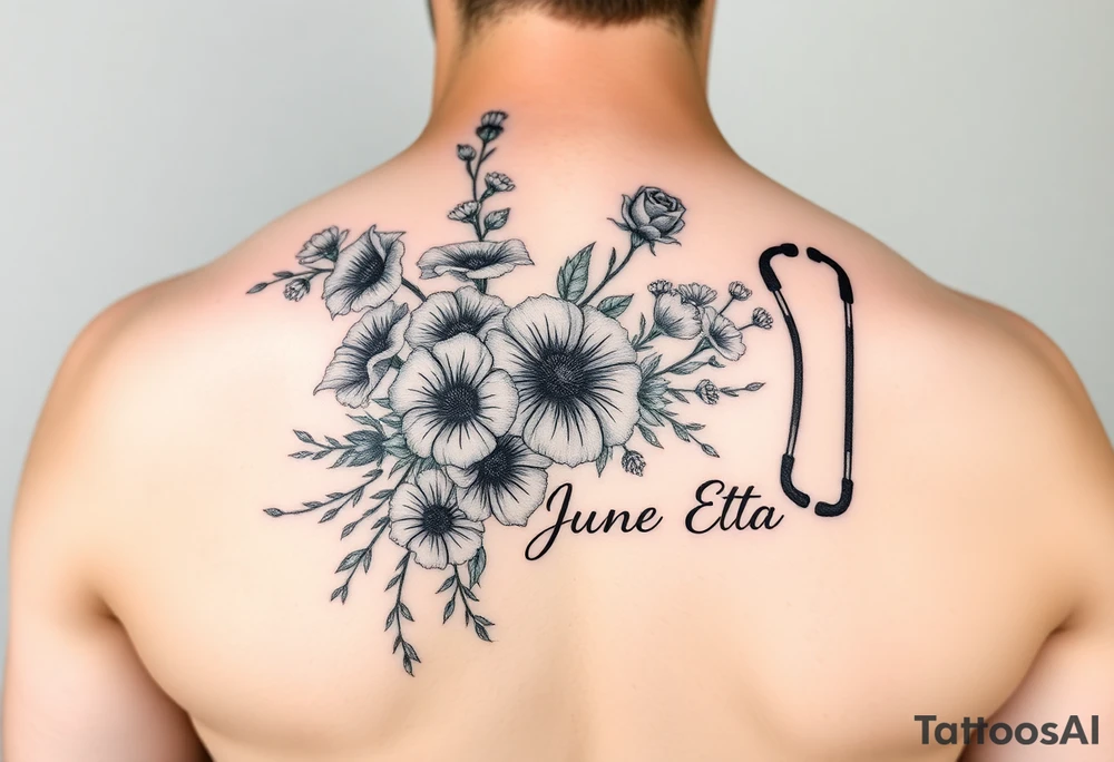 6 inches tall by 4 inches wide approximately, black and white tattoo with a bouquet of hollyhocks, one wild rose, and wild flowers, include a stethoscope along the side without putting it into the bouquet and the name June Etta , make the stethoscope more noticeable and make the tattoo taller than it is wide tattoo idea