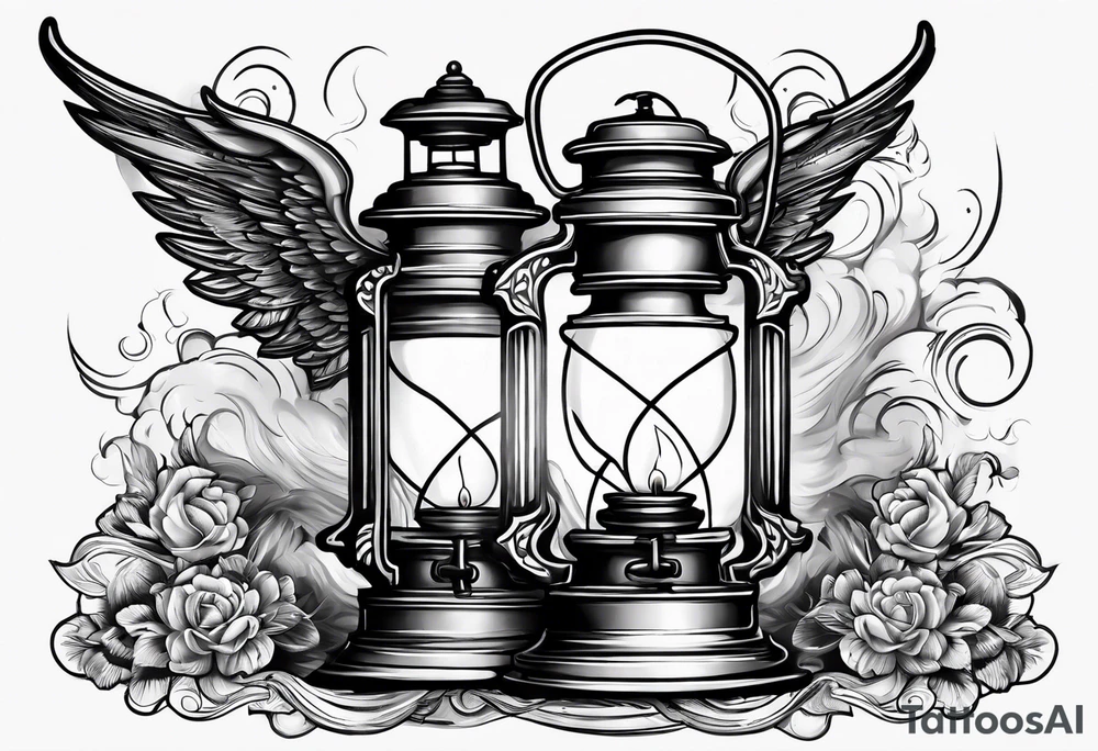 Extinguished oil lamp with smoke and angel wings tattoo idea