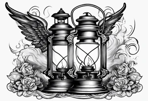 Extinguished oil lamp with smoke and angel wings tattoo idea