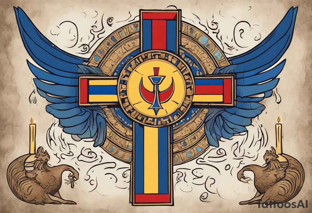 A medieval cross with an assyrian flag in the middle. A crown om top of the cross. The assyrian king Sennacherib. A sun and a moon. A cloud with rain and thunder. charizard. an imperfect cirkle. a candle. a swan. lemons. the god asshur with wings. an ankh. angel wings with a halo. surrounded by olive branches and feathers. tattoo idea