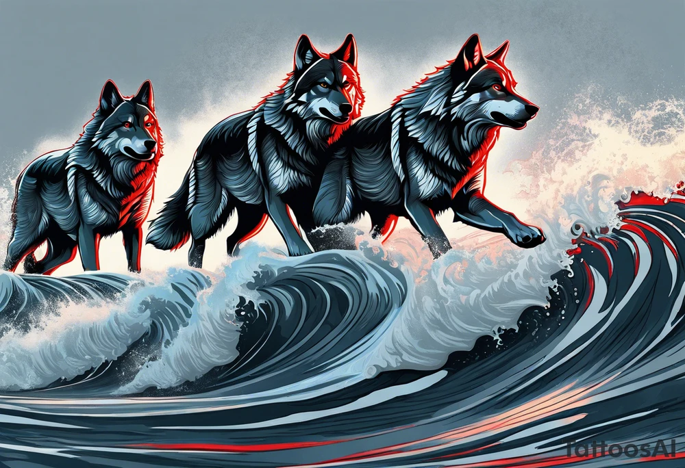 a pack of 3 howling muscular  gray wolves surfing waves with a linear background with red, white and black and gray tattoo idea