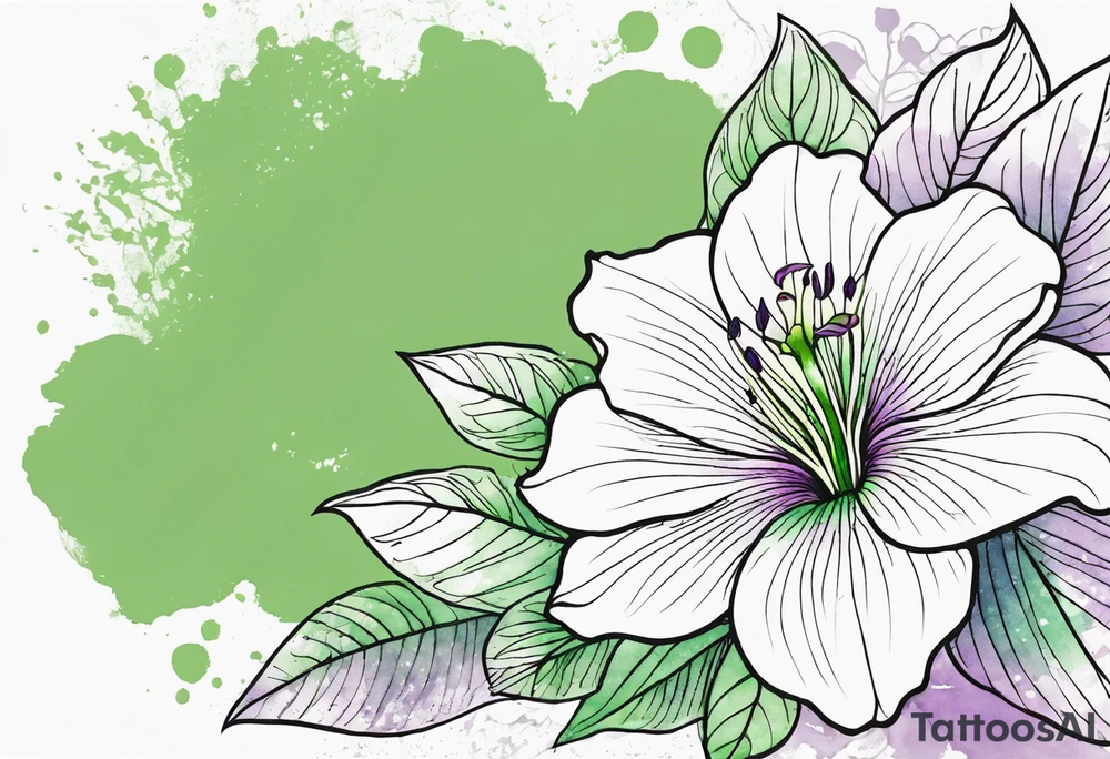 An outline of a rio dipladenia flower with a green and purple watercolor background tattoo idea
