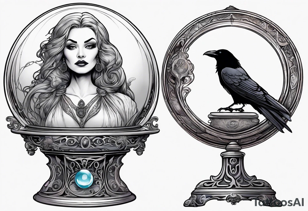 Madame leota in crystal ball on gothic stand with raven at side tattoo idea