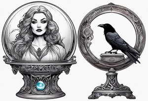 Madame leota in crystal ball on gothic stand with raven at side tattoo idea