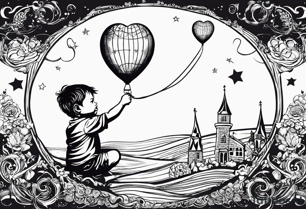 tatoo in little boy holding a string to the earth shaped baloon.
boy should be drawed from behinfd anhas one hand reaching up in 45 degree angle and holding the baloon string
the string has a big wave in like a hearbeat pulse on it.
hearth party baloon is tattoo idea