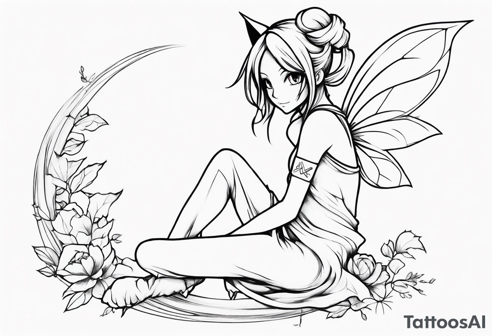 No color sketch of a fairy with a tail inspired by the guild symbol in the anime show called Fairy Tail in a fetal position leaning in and forward while crawled in hugging herself tattoo idea