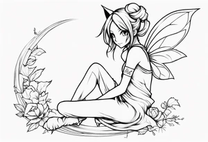 No color sketch of a fairy with a tail inspired by the guild symbol in the anime show called Fairy Tail in a fetal position leaning in and forward while crawled in hugging herself tattoo idea