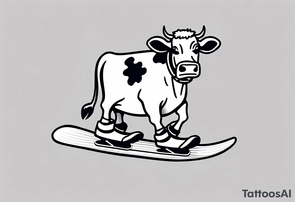 Generate a minimalist and simple black and white tattoo design featuring a joyful cow snowboarding, wearing goggles. Focus on essential lines and details to convey the playful spirit of the scene. The cow should exude confidence while effortlessly snowboarding down a snowy slope. Keep the design clean and uncluttered, suitable for a small to medium-sized tattoo space. Emphasize the charm and whimsy with the addition of goggles, ensuring the overall aesthetic remains simple and minimalistic. The goal is to create a visually appealing and easily recognizable tattoo that captures the essence of a cow enjoying a snowboarding adventure tattoo idea
