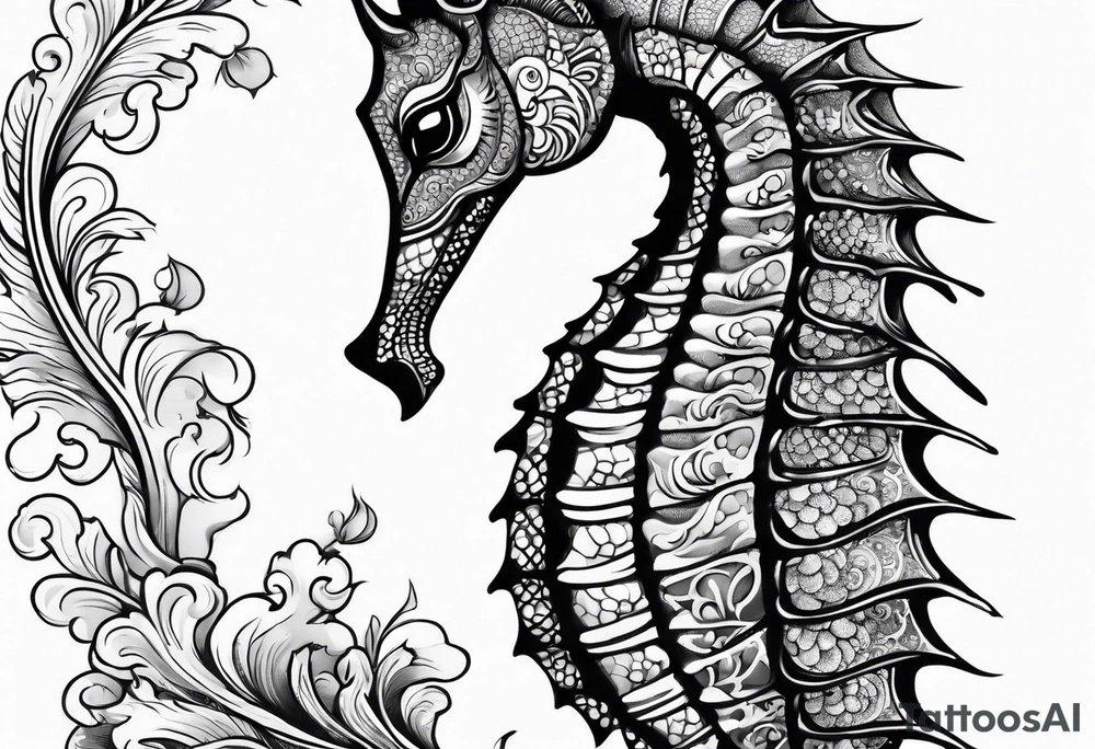 seahorse on white background, black and white tattoo idea