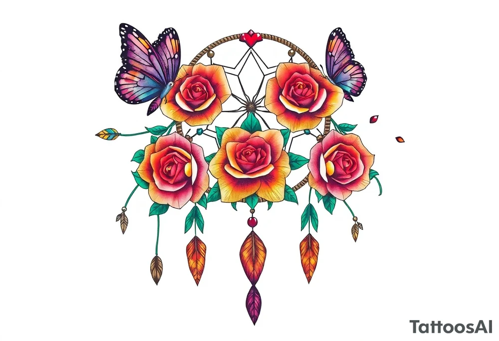 Dreamcatcher roses and butterflies tattoo idea