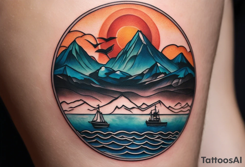 This is a minimalistic tattoo split into 2 distinct sections; a top half and a bottom half. The top half is a mountain in Norway with a windy mountain bike trail wrapping around the mountain. The bottom half of the tattoo depicts an underwater ocean scene, featuring water and sea life including a manta ray and sea turtle. tattoo idea