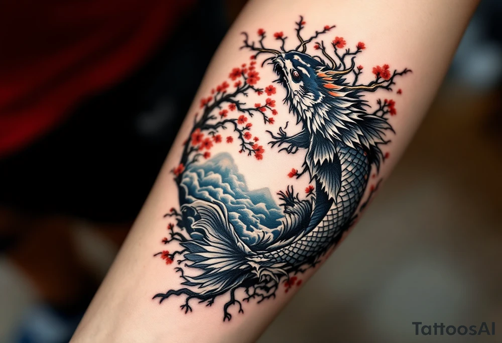 koi fish fighting a dragon in a yin yang format 
with a sakura tree in the background, Japanese inspired piece tattoo idea