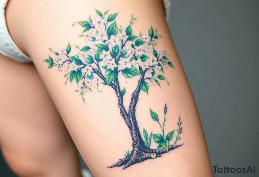Flowering hawthorne tree with white lilly of the vally bell plants planted by  tree with other lilly plants tattoo idea