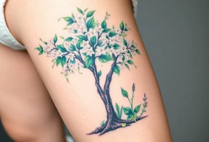 Flowering hawthorne tree with white lilly of the vally bell plants planted by  tree with other lilly plants tattoo idea