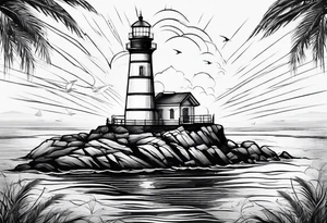 maritime lighthouse partially hidden by its 2 large fixed sails. tattoo idea
