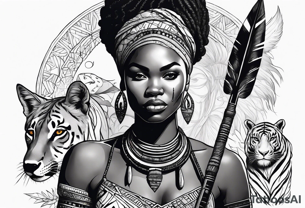 African woman warrior with tribe scars and spear in hand with animals in background tattoo idea