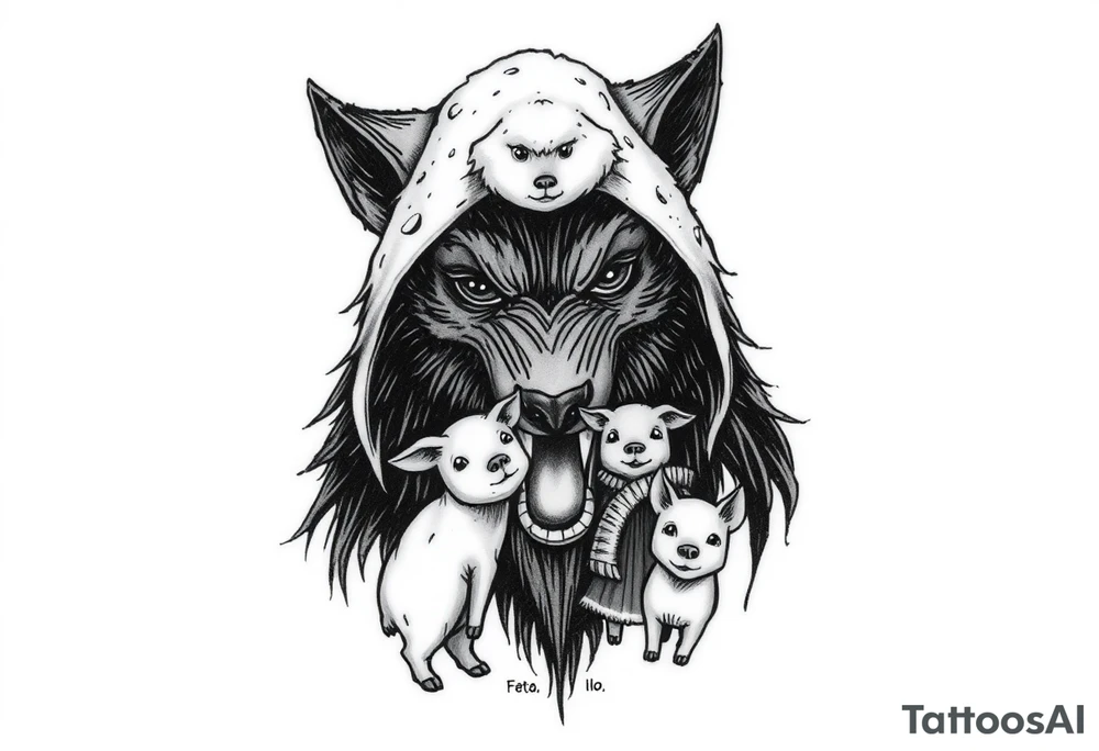 Scary Big bad wolf nursery rhyme wearing a sheep costume with sheep head as hood and eat the three little pigs and little red riding hood in the woods tattoo idea