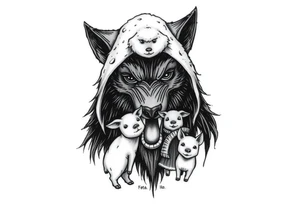 Scary Big bad wolf nursery rhyme wearing a sheep costume with sheep head as hood and eat the three little pigs and little red riding hood in the woods tattoo idea