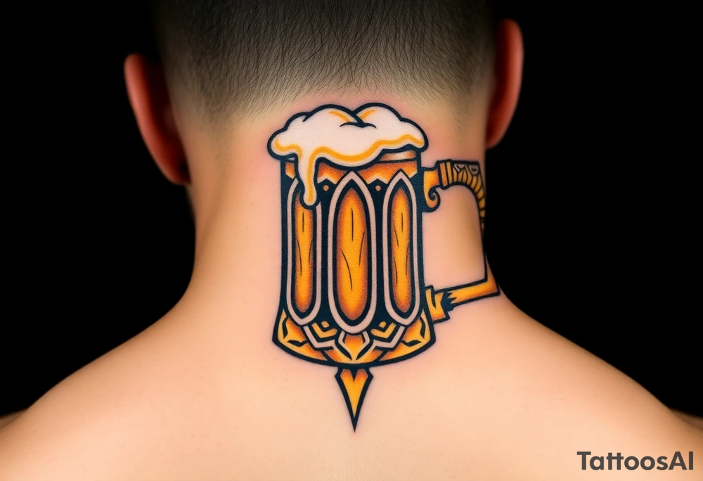 A frothy golden beer mug with condensation droplets, featuring intricate woodgrain textures on the handle tattoo idea