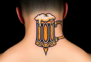 A frothy golden beer mug with condensation droplets, featuring intricate woodgrain textures on the handle tattoo idea
