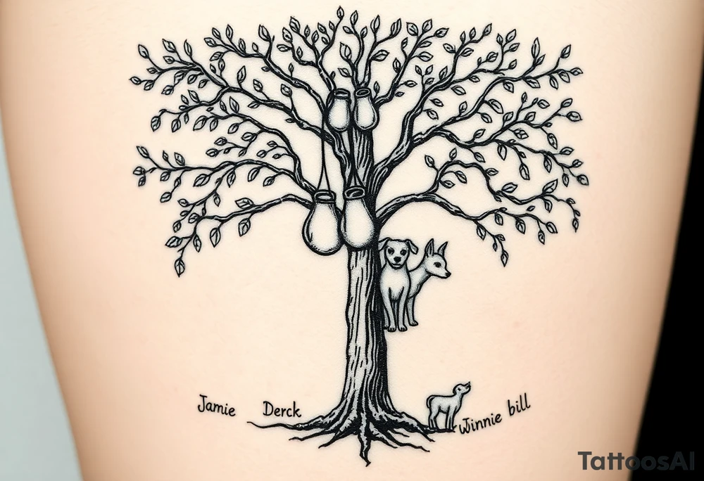 Hippy beech tree full of life. 
Jamie, Derek, Iris, John, bill, Winnie names in the roots, Mavis, Garhi, Mickey, Pam, Lucy, in the branches at the top. Names can be in Hebrew. 
Three dogs a Rhodesian Ridgeback, King Charles cavalier and chihuahua. 
Prett, feminine ornate. Boxing gloves hanging from tree tattoo idea