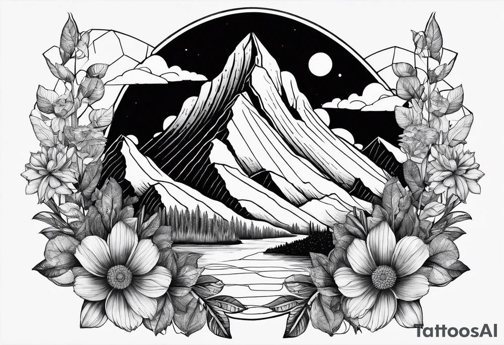 the Fibonacci Sequence. Based on the last image produced, replace the left side of the image with the Rocky Mountains that drops into a triangular point. Remove the flora theme tattoo idea