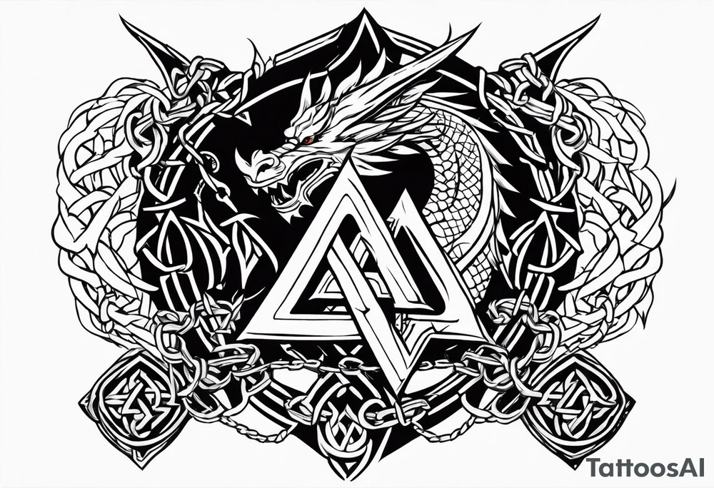 Valhalla sword shield dragon axe Valknut barbed wire chains fire tattoo idea Valhalla sword shield dragon axe Valknut barbed wire chains fire tattoo idea