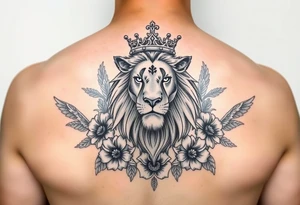 powerful majestic lion with a crown, surrounded by floral ornaments and birds tattoo idea