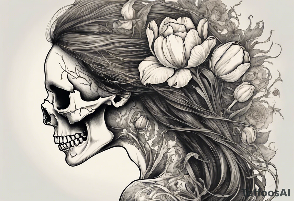 A profile view of a joyful female skull adorned with flowing, long hair, surrounded by symbolism representing the cycle of life and decay. Include a contrast between a fully decayed tulip, a pristine and vibrant tulip in full bloom, and a delicate tulip bud, all harmonizing with the eerie yet beautiful ambiance of the scene. tattoo idea