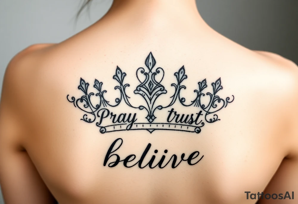 Pray, trust, believe, crown tattoo idea
