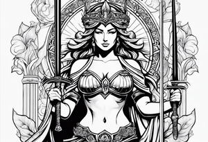 Nemesis, the goddess of justice, standing with sword and scale tattoo idea