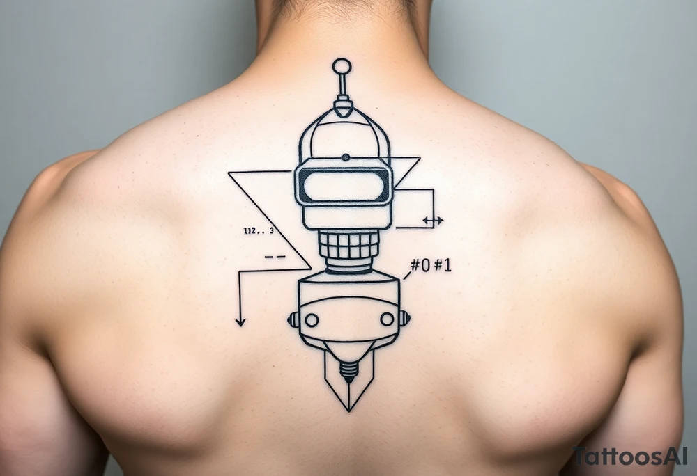 Geometric tattoo design of a robot inspired by Bender from Futurama, made of abstract shapes, triangles, circles and lines. The robot is integrated with subtle programming elements like code brackets, binary digits (0 and 1), or a minimal 'while (true) {}' loop within the structure. No shading, only clean black lines. Designed for shoulder placement, with a modern, tech-inspired look. tattoo idea