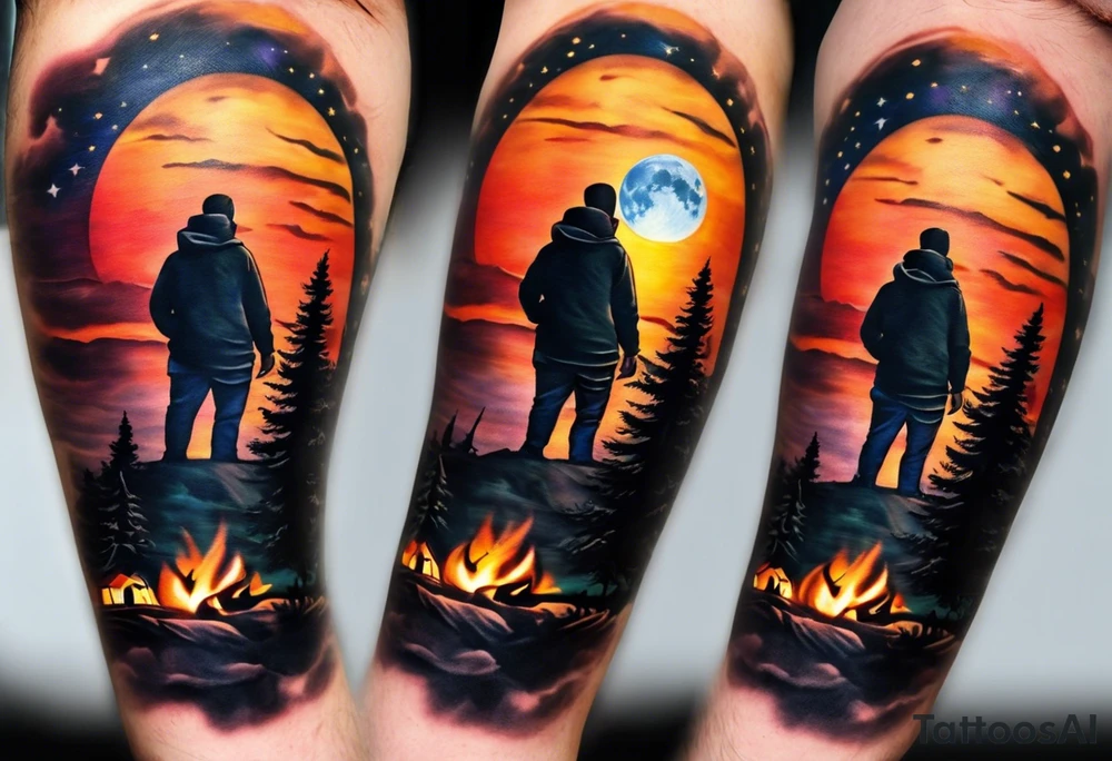Tattoo of a family of four on a male forearm 
- dad, mom and two boys around a campfire.  Background is a sunset at the bottom, night at the top with a big beautiful moon. I would like it to be encased in a circle with the words "All that I need is the air that I breathe, and all that I need are things I don't need, and all that really matters is what matters to me". tattoo idea
