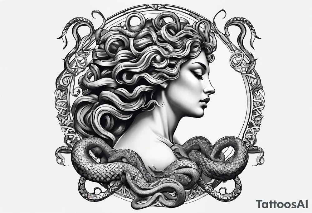 arm tattoo of Medusa as a statue with snakes for hair tattoo idea