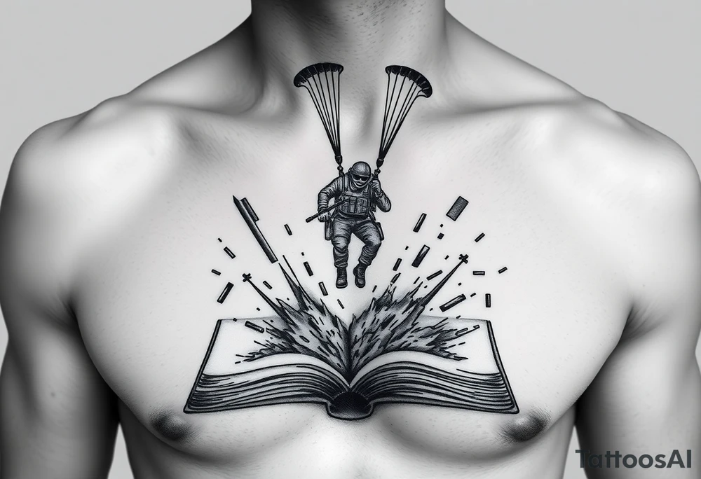 A parachuting soldier landing into an open book. Chaos surrounding, but the book is protecting the soldier from it. On the chest. Make it smaller. Thought provoking tattoo idea