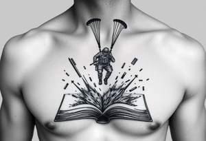 A parachuting soldier landing into an open book. Chaos surrounding, but the book is protecting the soldier from it. On the chest. Make it smaller. Thought provoking tattoo idea