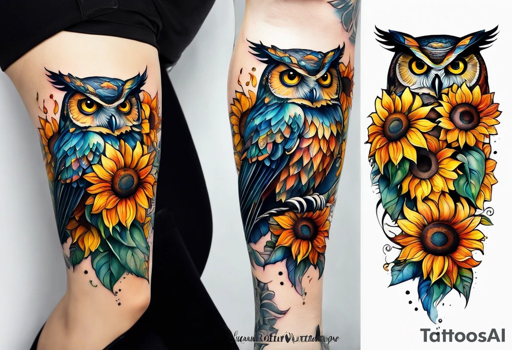 Leg sleeve with colorful sunflowers and an owl tattoo idea