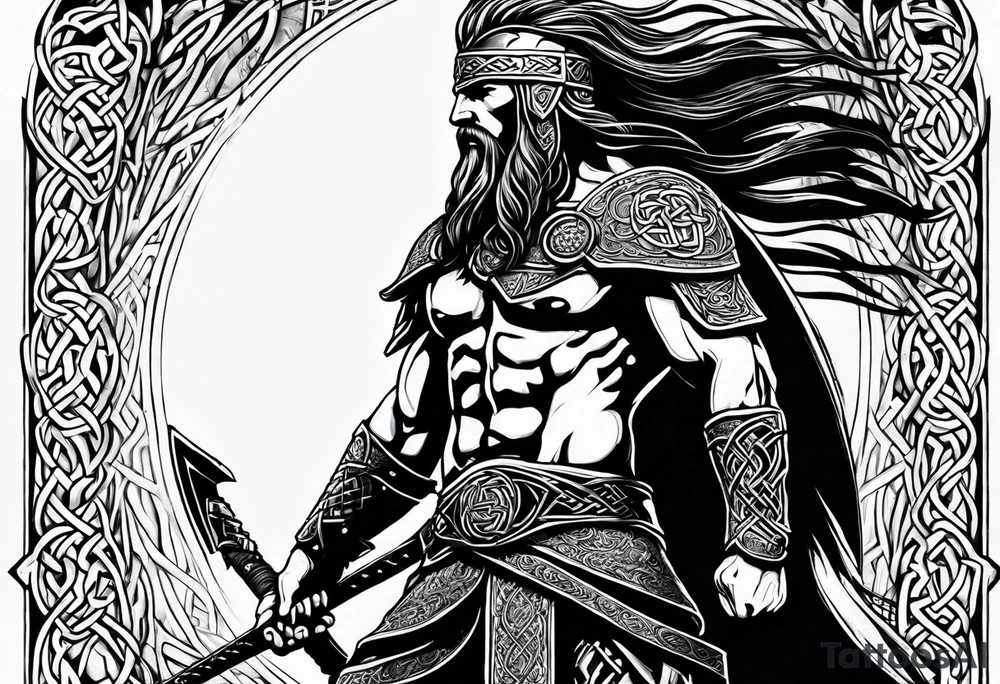 Full body side profile of Celtic warrior walking into battle tattoo idea
