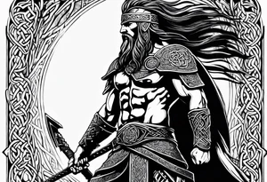 Full body side profile of Celtic warrior walking into battle tattoo idea