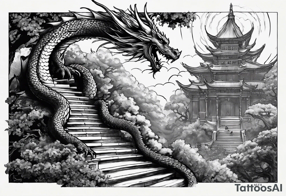 in vertical line, a dragon coming up on stairs that are a tree at the top with an angel, with the words "One day at a time" and date 4.14.24 tattoo idea